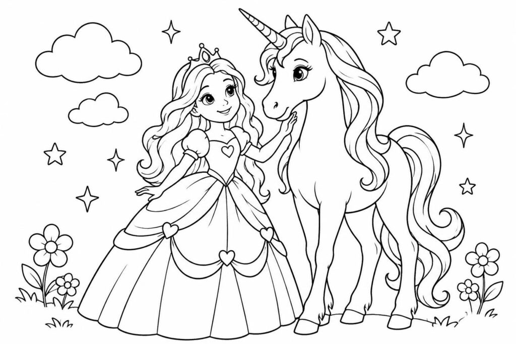 téléchargez gratuitement un dessin à imprimer de princesse disney avec une licorne, idéal pour divertir les enfants et stimuler leur créativité.